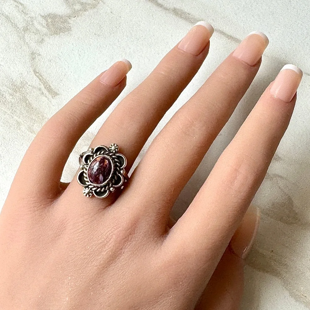 Navajo Flower Ring Purple Spiny Oyster Sz 8 Sterling Silver Native Signed Morgan